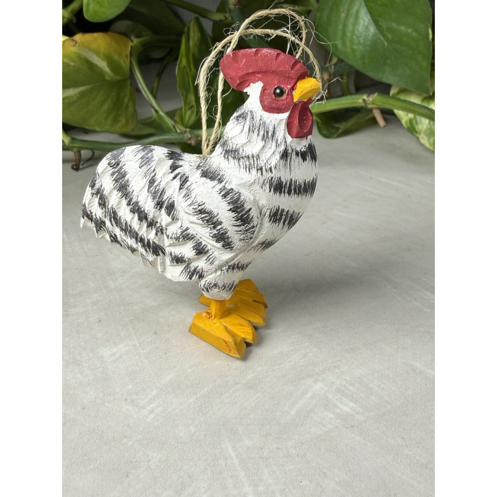 Carved Wooden Rooster Ornament 3” Hand Painted Farmhouse Primitive Folk Art